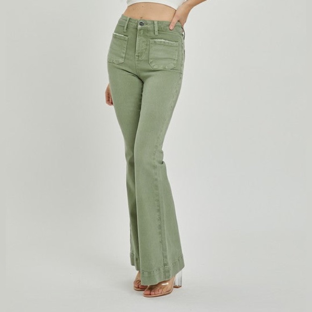NWT Risen Olive Green High Rise Front Patch Pocket Flare Pants Women’s Size 3X